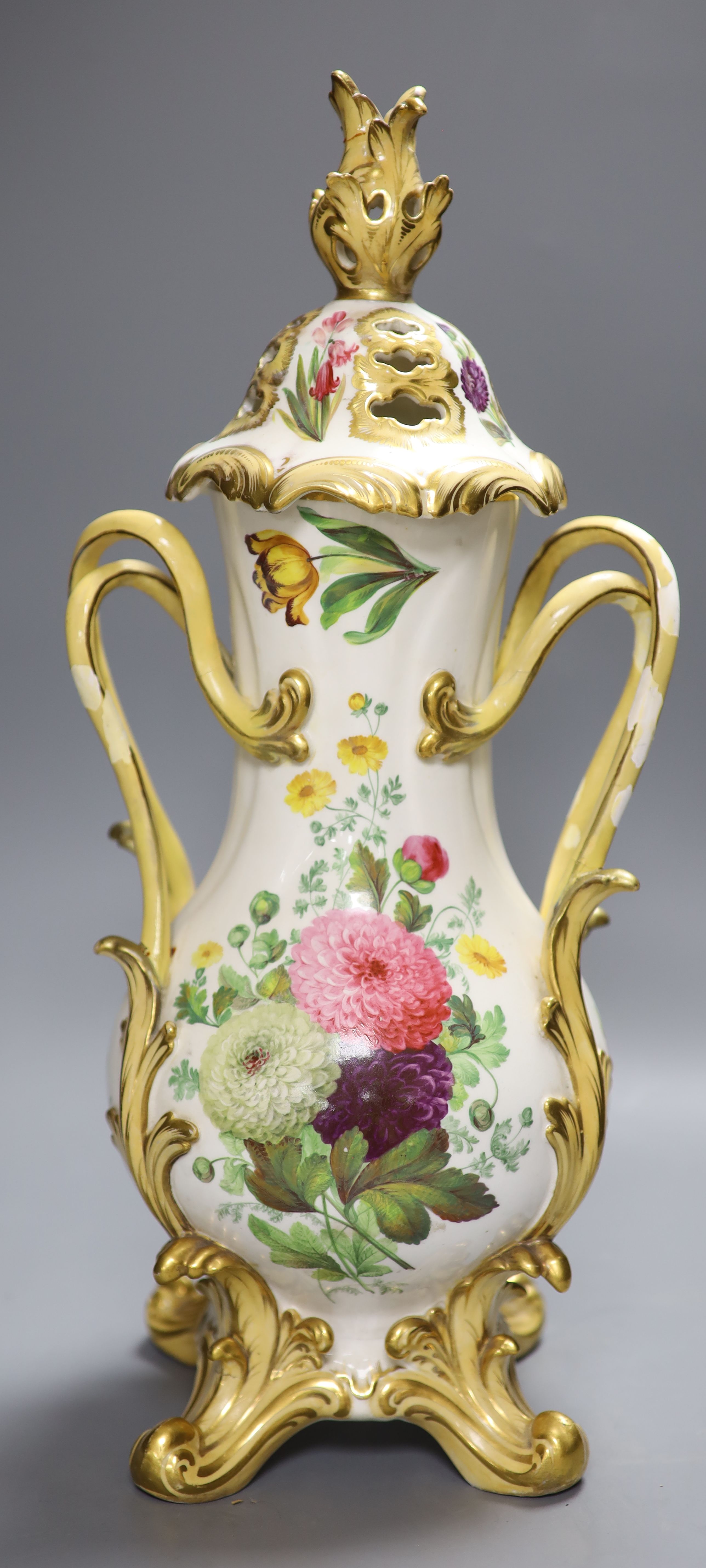 A Victorian porcelain floral painted vase and cover (a.f.), height 44cm